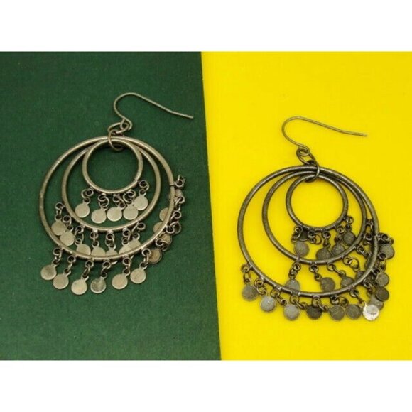 Big Multi Moving Circles Silver Tone Vertical Drop Dangle Hook Earrings Womans - Picture 2 of 6